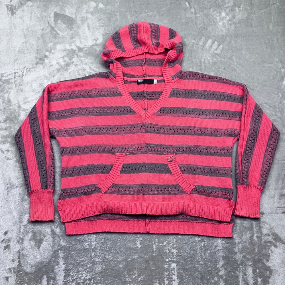 FOX Racing Women Striped Knit V Neck Pink Trouble Shoot Hoodie Sz S‎ Pullover